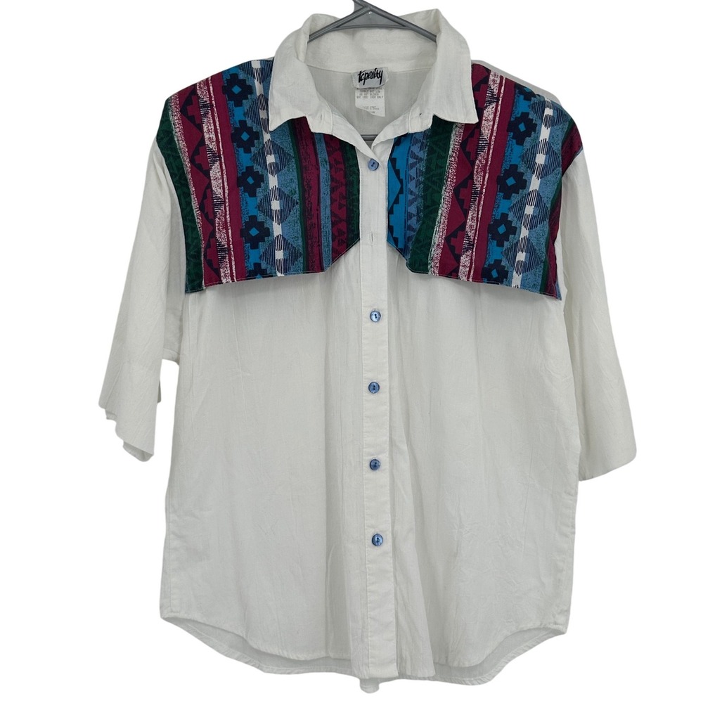 Vintage Tapestry White Southwestern Print Button Up Shirt Womens Medium Made USA